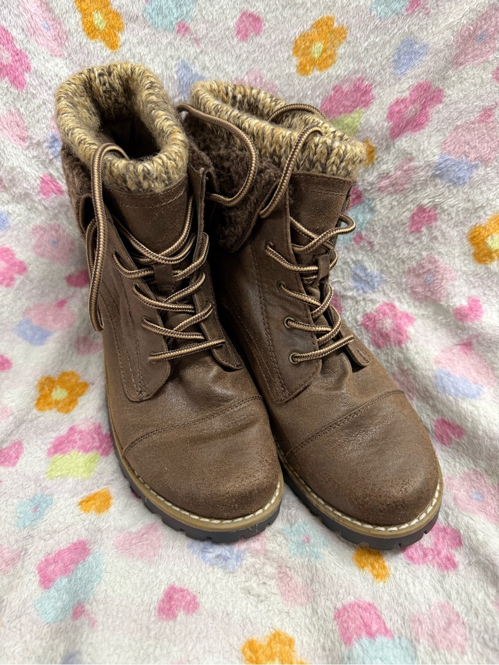 White Mountain Brown Faux-Fur Trim Lace-Up Ankle Boots